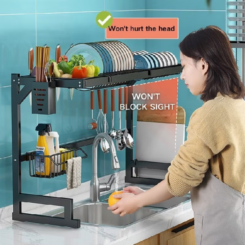 Rak Piring Wastafel Stainless Steel Hitam Cuci Piring Rak Piring Dapur Penyimpanan Dapur Stainless Steel Dish Rack Muat Mangkuk Dan Piring