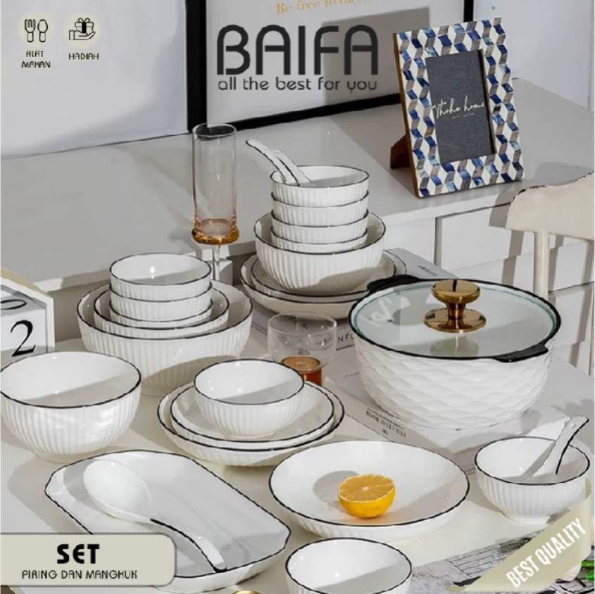 SET 6 Piring & Mangkuk Makan Keramik Putih List Hitam Elegant/ Piring Style Diamond Pattern